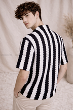 Black & White Waffle-Knit Cuban Collar Shirt - Unisex