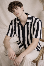 Black & White Waffle-Knit Cuban Collar Shirt - Unisex