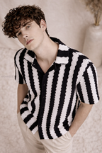 Black & White Waffle-Knit Cuban Collar Shirt - Unisex