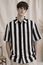 Black & White Waffle-Knit Cuban Collar Shirt - Unisex