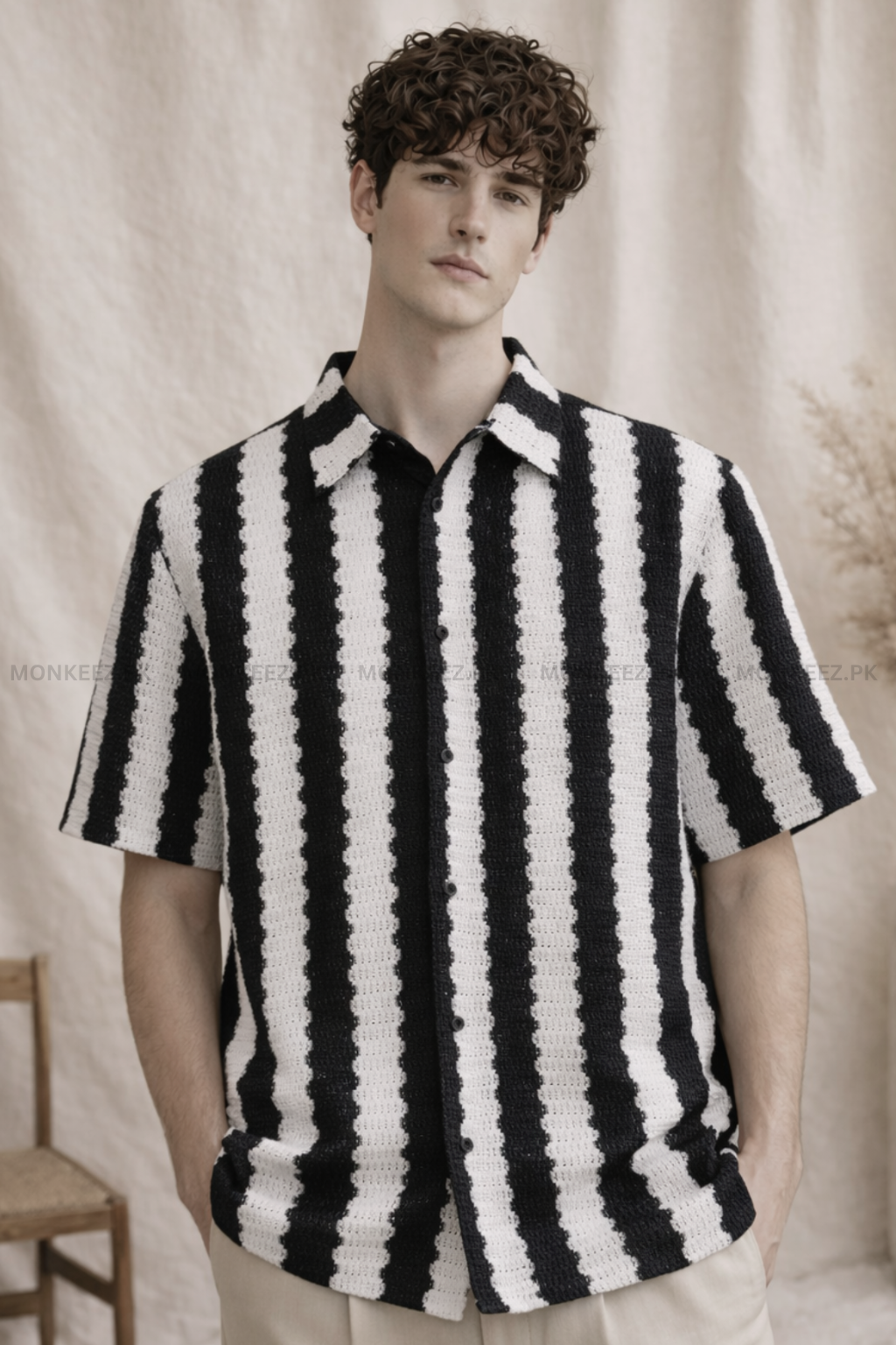 Black & White Waffle-Knit Cuban Collar Shirt - Unisex