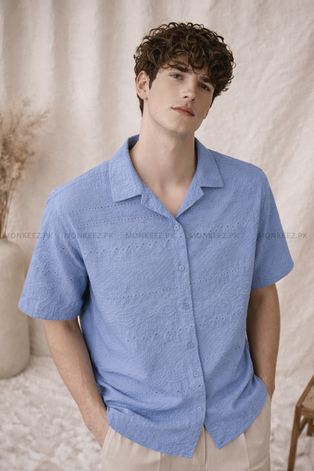 Self Micro-Texture Cuban Collar Shirt - Powder Blue