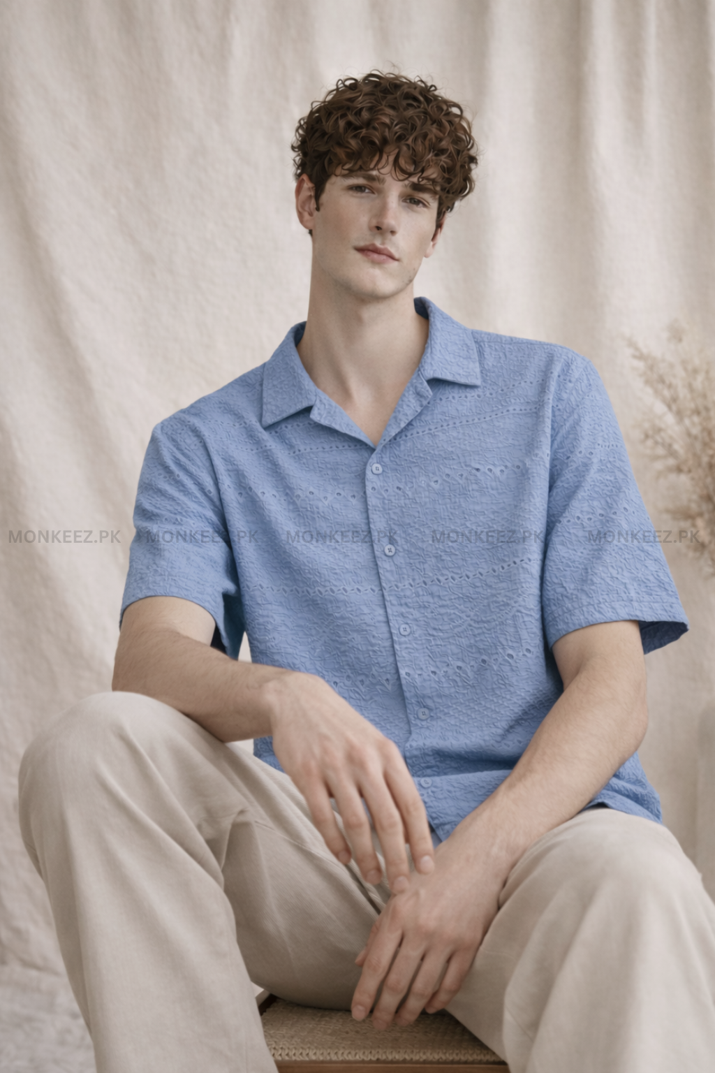 Self Micro-Texture Cuban Collar Shirt - Powder Blue