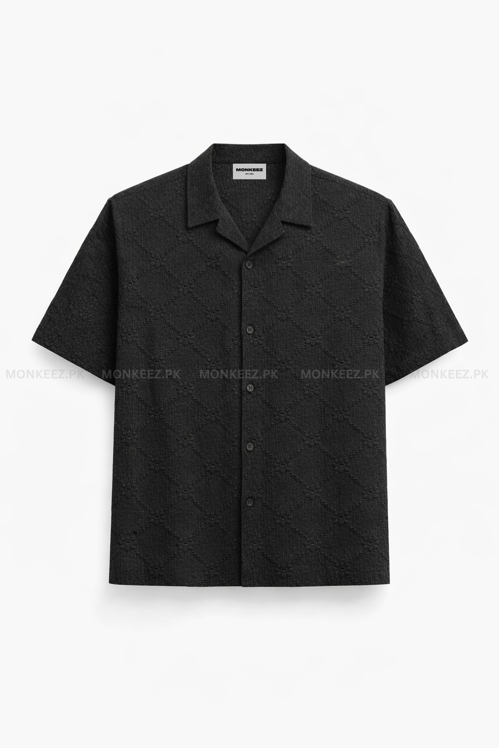 Tonal Pattern Cuban Collar Shirt - Black
