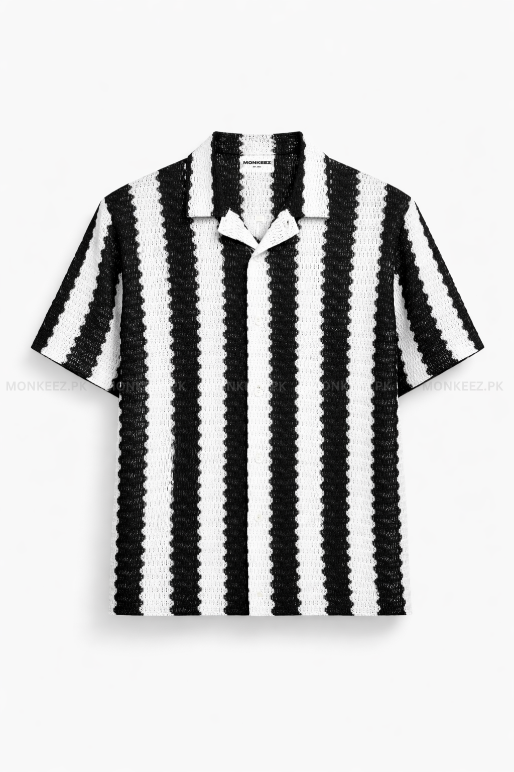 Black & White Waffle-Knit Cuban Collar Shirt - Unisex