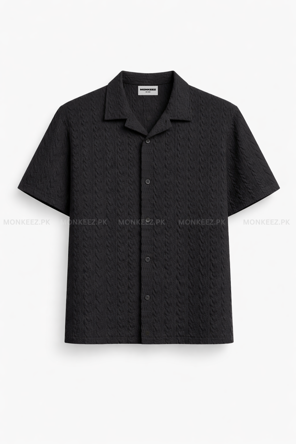 Embossed Stripe Cuban Collar Shirt - Black