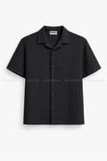 Embossed Stripe Cuban Collar Shirt - Black