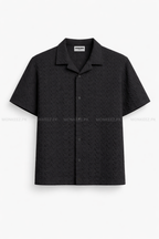 Embossed Stripe Cuban Collar Shirt - Black