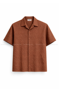 Vintage-Inspired Embosed Texture Cuban Collar Shirt- Dull Brown