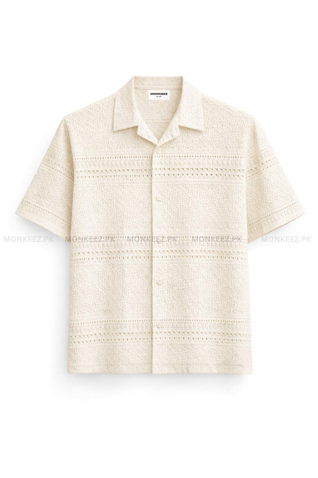 Open-Weave Cutwork Cuban Collar Shirt - Cream