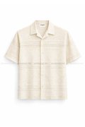 Open-Weave Cutwork Cuban Collar Shirt - Cream
