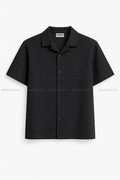 ZigZag Wave Texture Cuban Collar Shirt - Rich Black