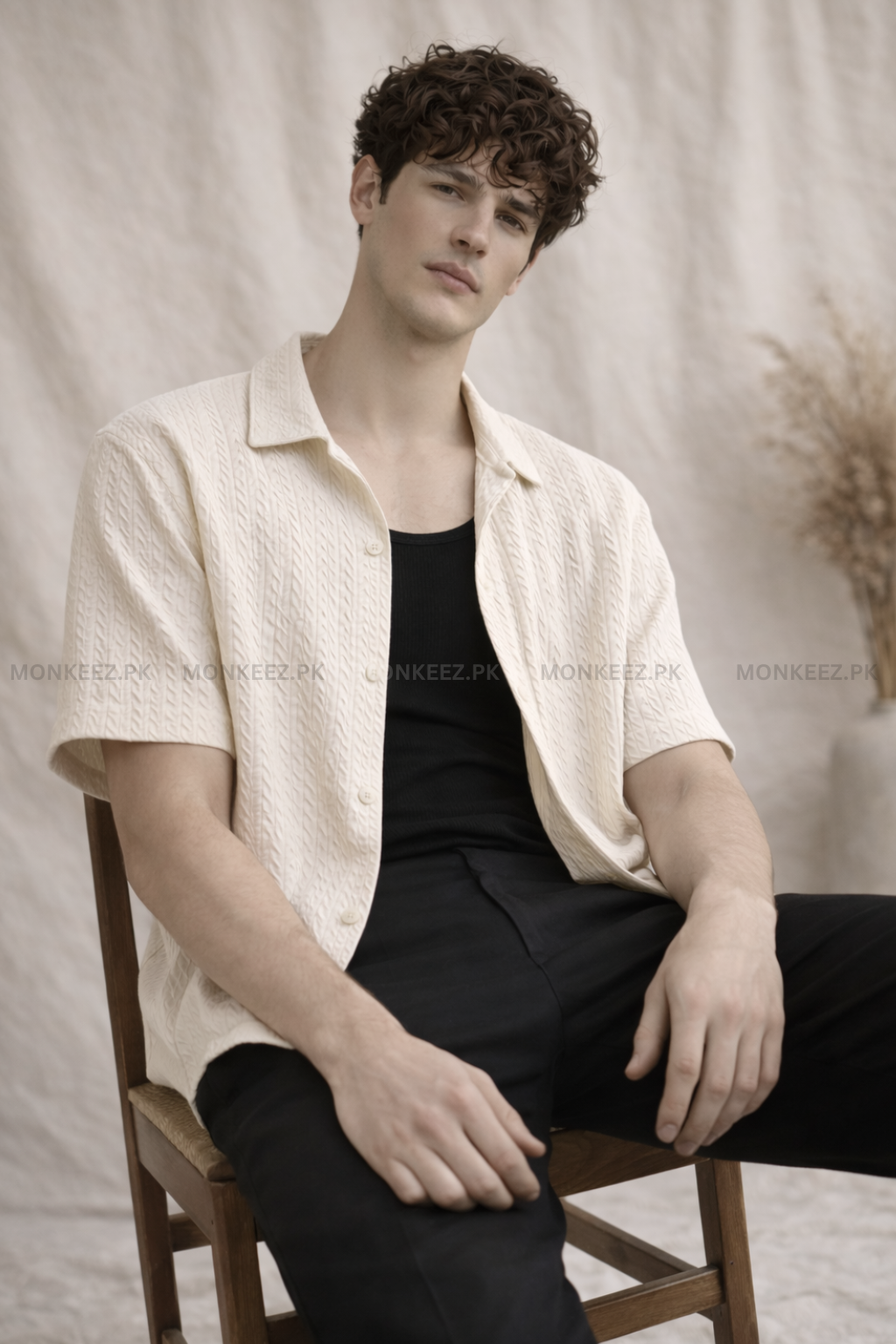 Embossed Stripe Cuban Collar Shirt - Soft Ivory