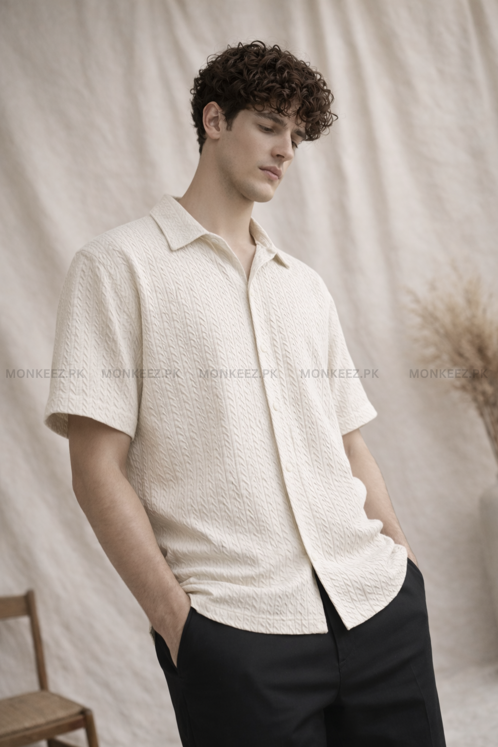 Embossed Stripe Cuban Collar Shirt - Soft Ivory