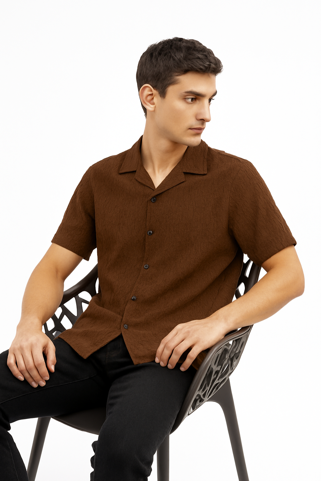Wavy Crinkle Cuban Collar Shirt - Brown