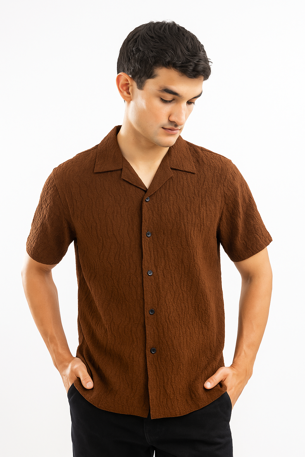 Wavy Crinkle Cuban Collar Shirt - Brown