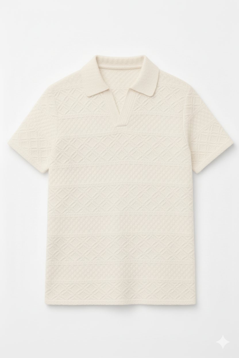 JOHNY COLLAR KNITTED EMBOSED POLO - OFF WHITE