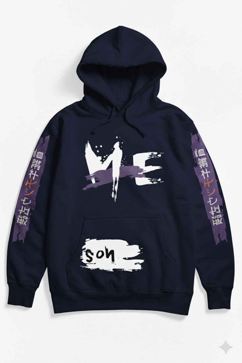 JAPANESE GRAPHIC NAVY BLUE PULLOVER HOODIE