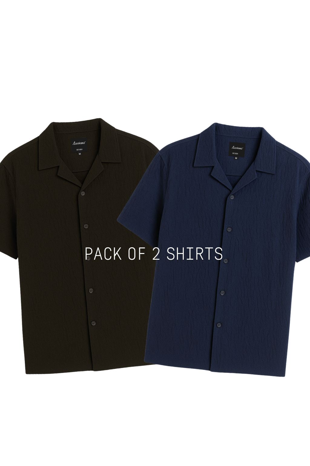 Pack Of 2 Crinkle Cuban Collar Shirt - Navy Blue & Black