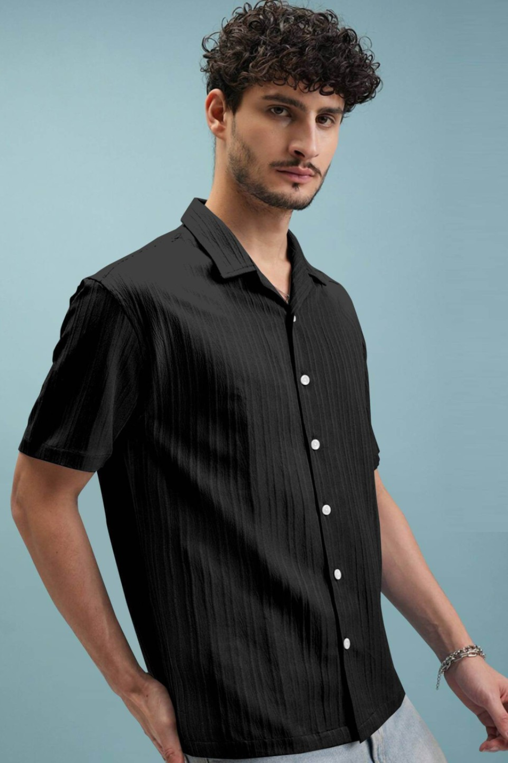 Mens Lining Structured Cuban Collar Shirt - Black