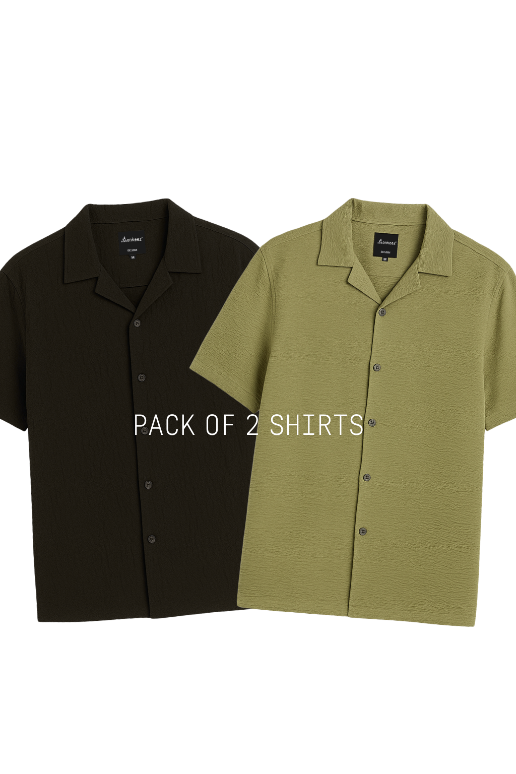 Pack Of 2 Crinkle Cuban Collar Shirt - Cactus Green & Black