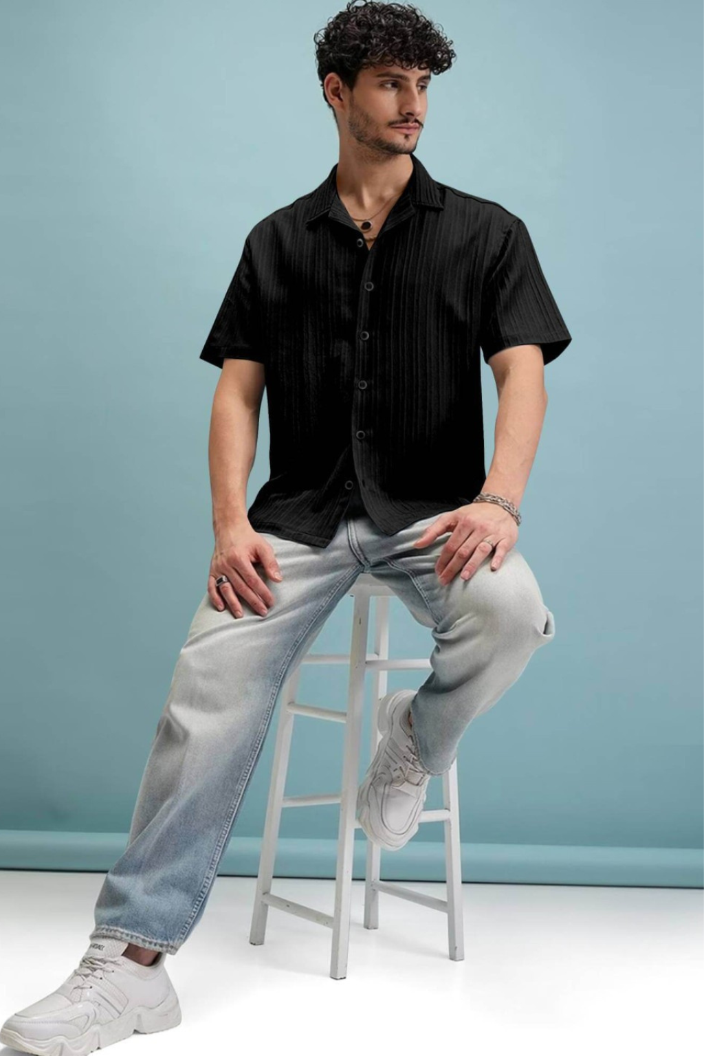 Mens Lining Structured Cuban Collar Shirt - Black