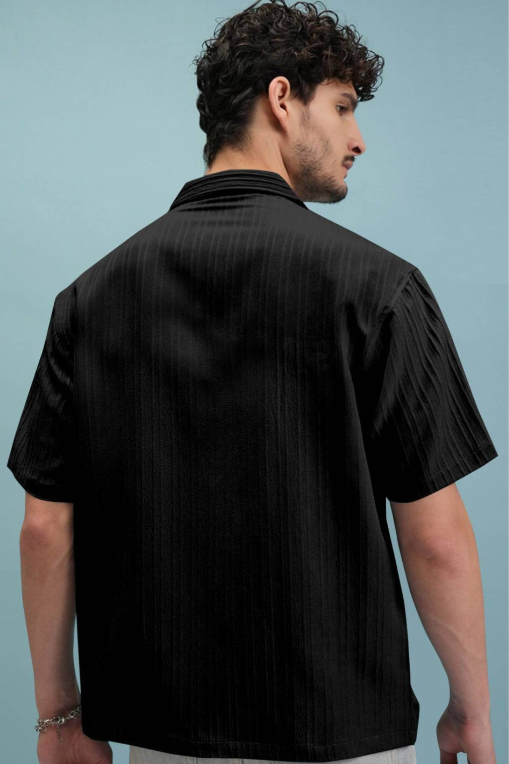 Mens Lining Structured Cuban Collar Shirt - Black