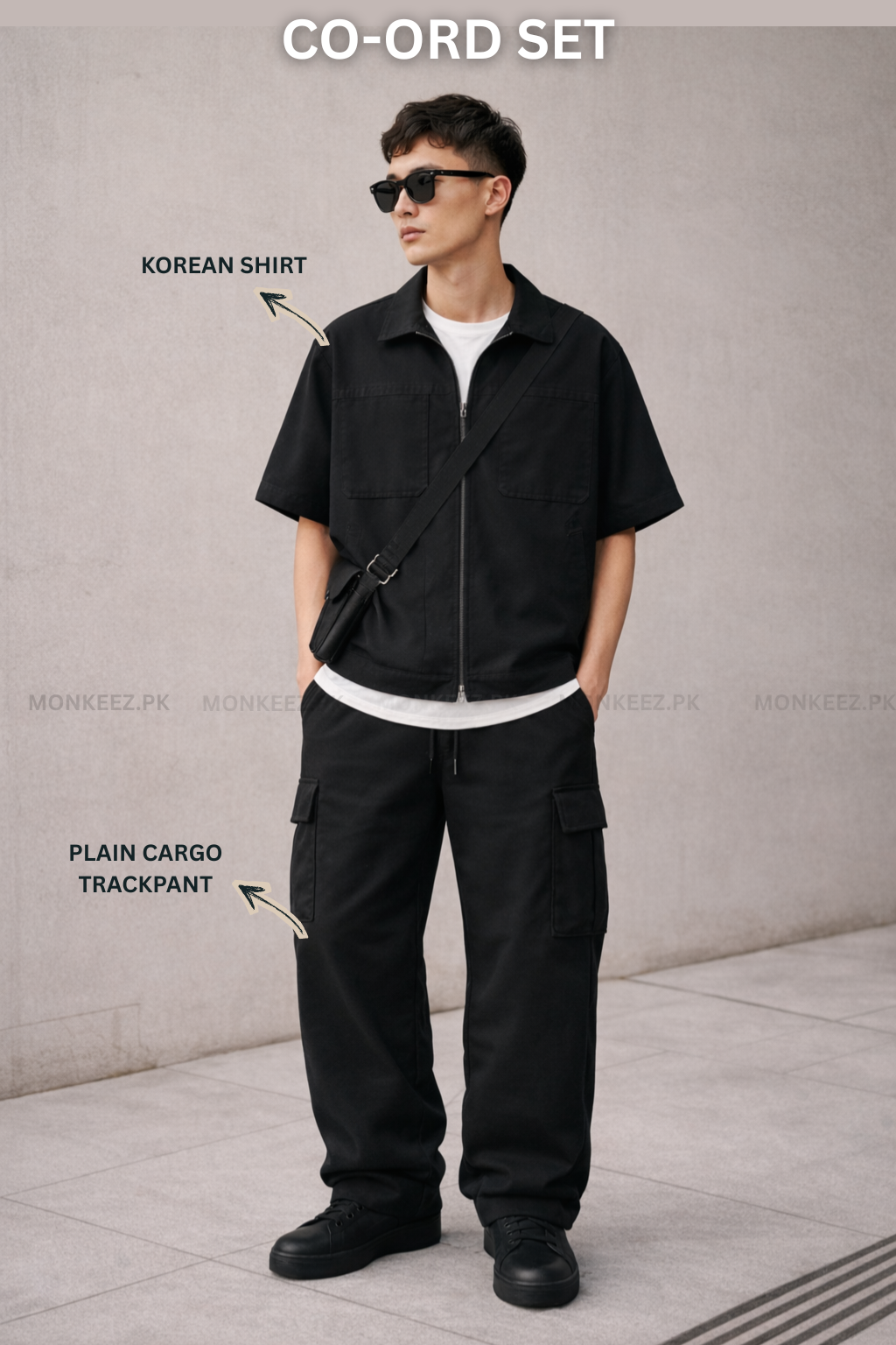 Co-Ord Set – Korean Minimalist Shirt × Plain Cargo Wide Bottom Track Pant (Unisex)