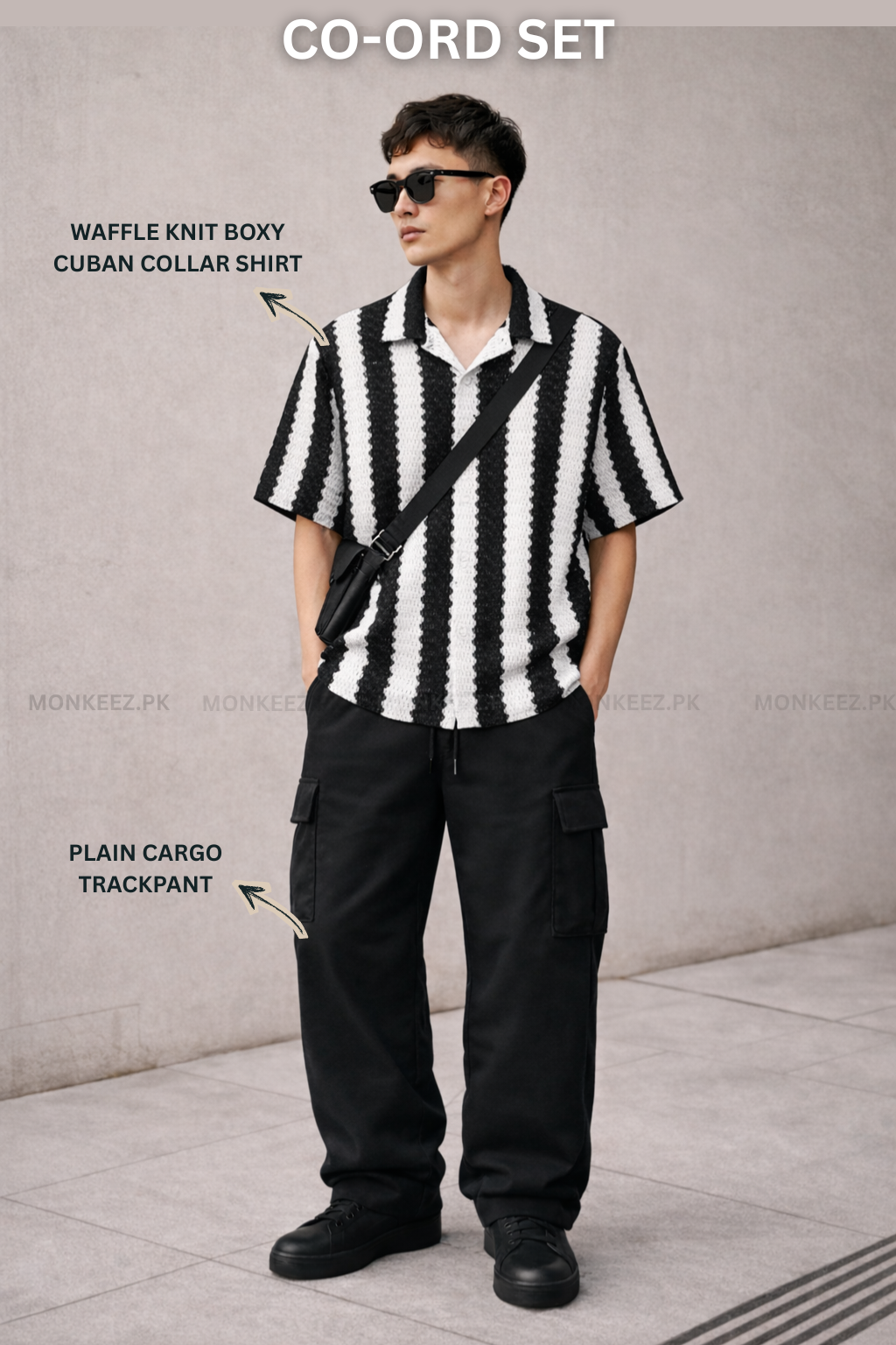 Co-Ord Set – Waffle-Knit Cuban Collar Shirt × Plain Cargo Wide Bottom Track Pant (Unisex)