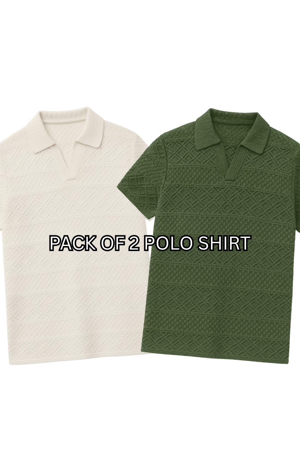 PACK OF 2 JOHNY COLLAR KNITTED EMBOSED POLO - OLIVE & OFF WHITE