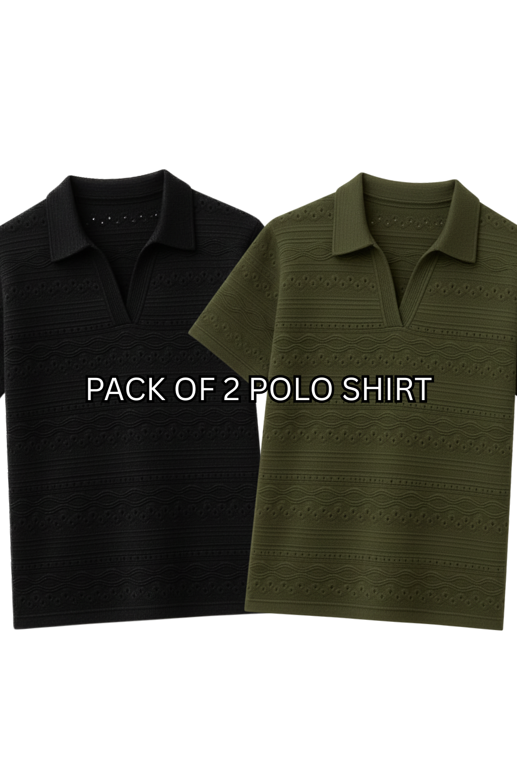 PACK OF 2 JOHNY COLLAR KNITTED EMBOSED POLO - OLIVE GREEN & BLACK (JP#2)
