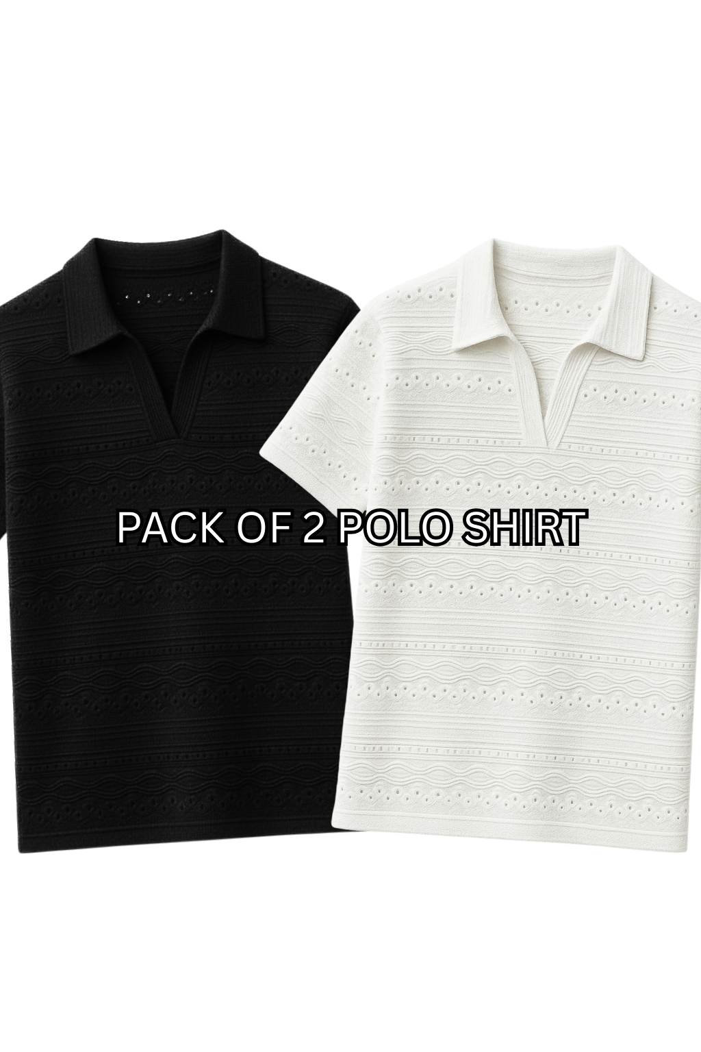 PACK OF 2 JOHNY COLLAR KNITTED EMBOSED POLO - WHITE & BLACK (JP#2)