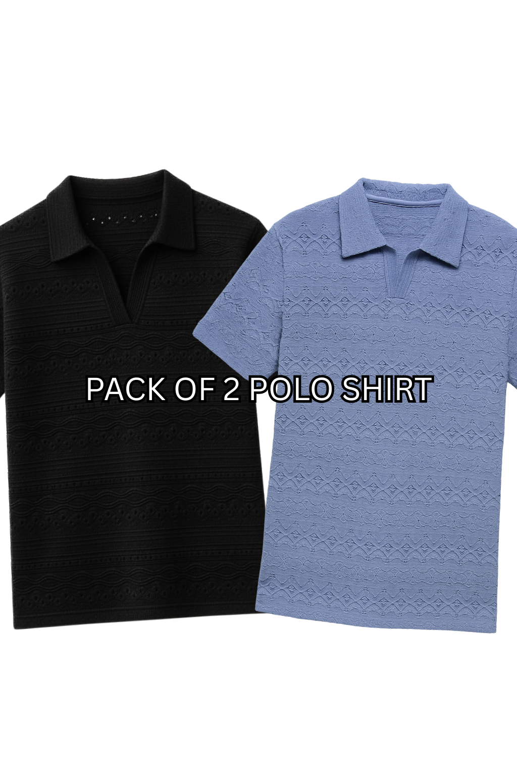 PACK OF 2 JOHNY COLLAR KNITTED EMBOSED POLO - BLUE & BLACK (JP#2)
