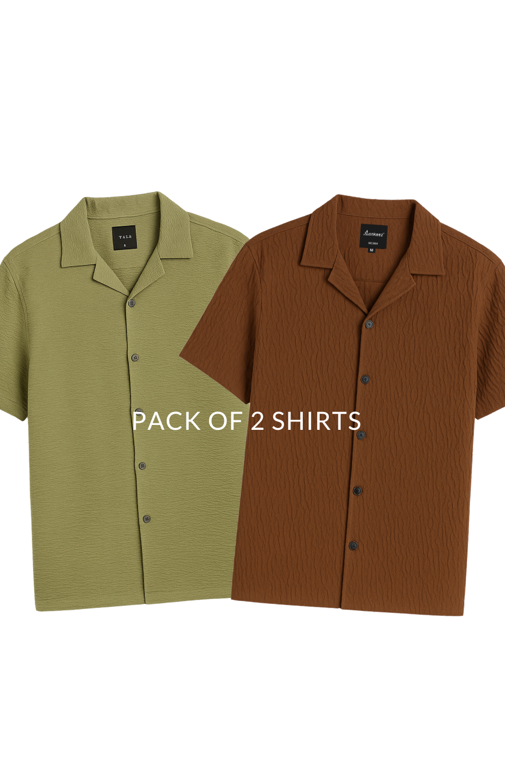 Pack Of 2 Crinkle Cuban Collar Shirt - Cactus Green & Brown