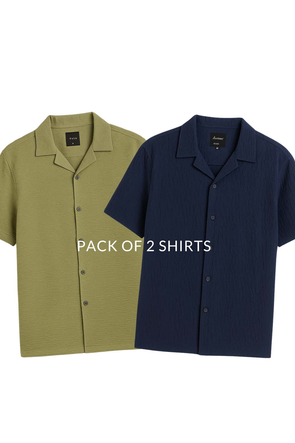 Pack Of 2 Crinkle Cuban Collar Shirt - Cactus Green & Navy Blue