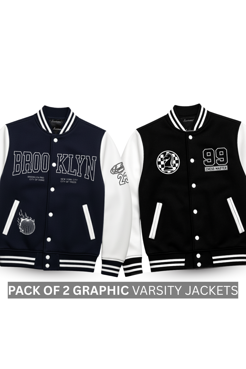 PACK OF 2 GRAPHIC BROOKLYN AND CHESS MASTER 99 BASEBALL VARSITY JACKET - UNISEX