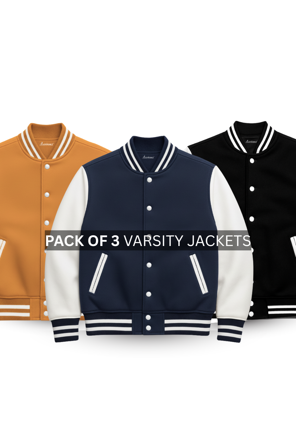 PACK OF 3 BLACK , NAVY BLUE AND MUSTARD BASEBALL VARSITY JACKET - UNISEX