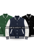 PACK OF 3 BLACK , NAVY BLUE AND BOTTLE GREEN BASEBALL VARSITY JACKET - UNISEX