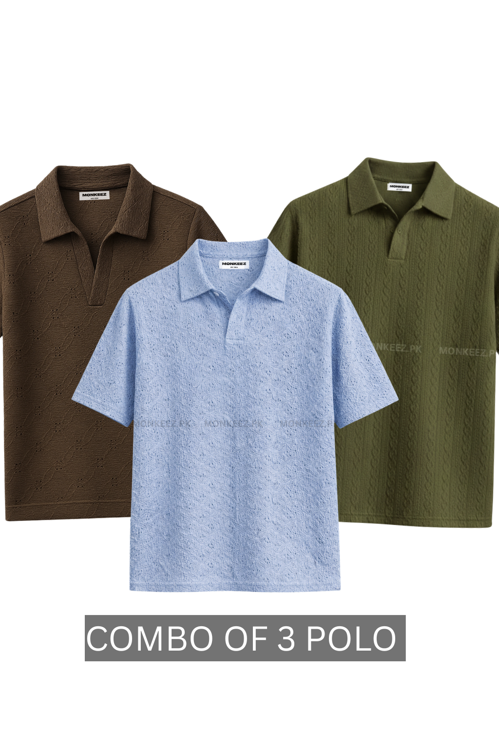 PACK OF 3 JOHNY COLLAR KNITTED EMBOSED POLO - BROWN , BLUE & GREEN (JP#2)