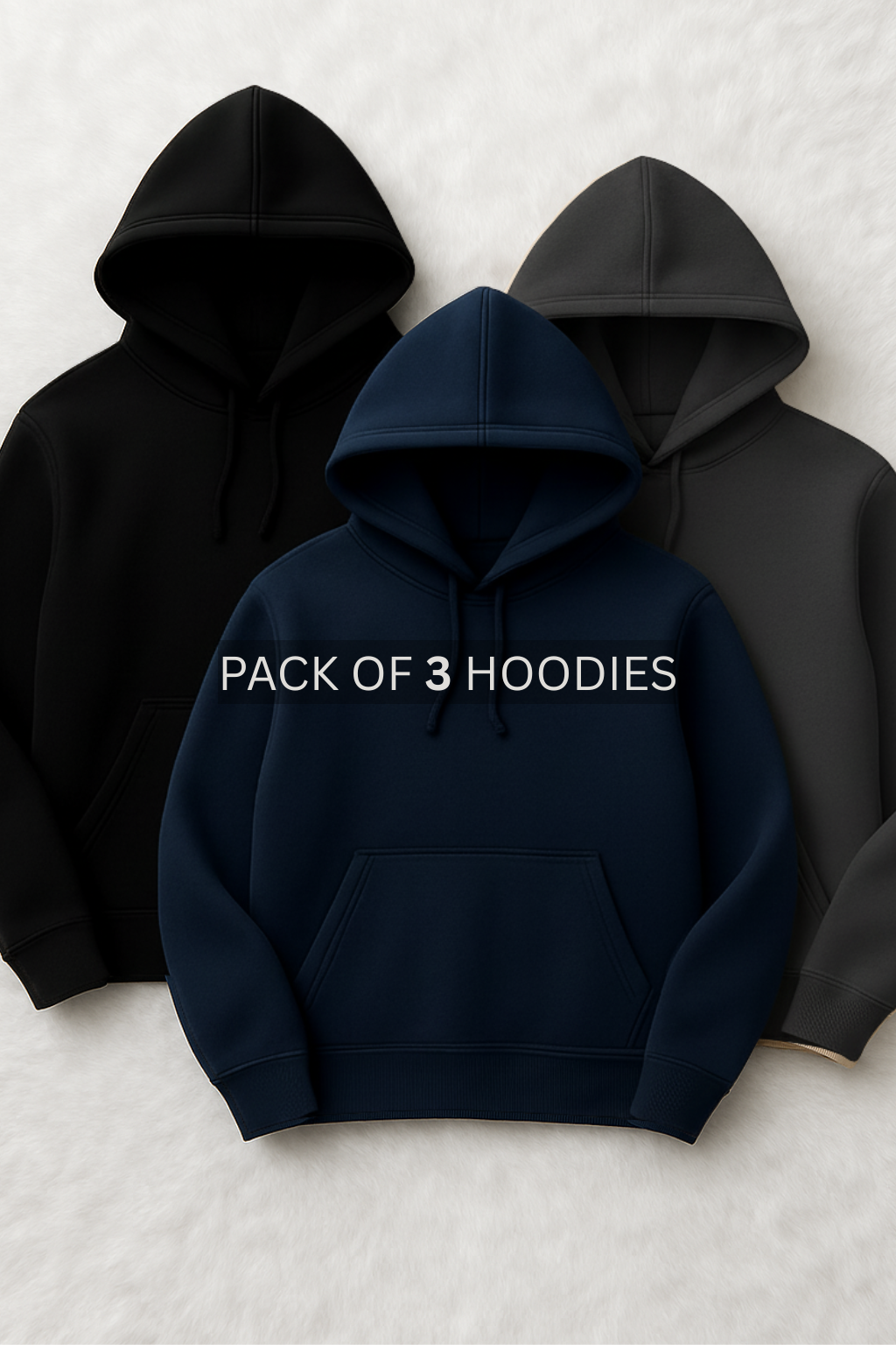 PACK OF 3 NAVY BLUE , CHAROCAL & BLACK CLASSIC PULLOVER HOODIE