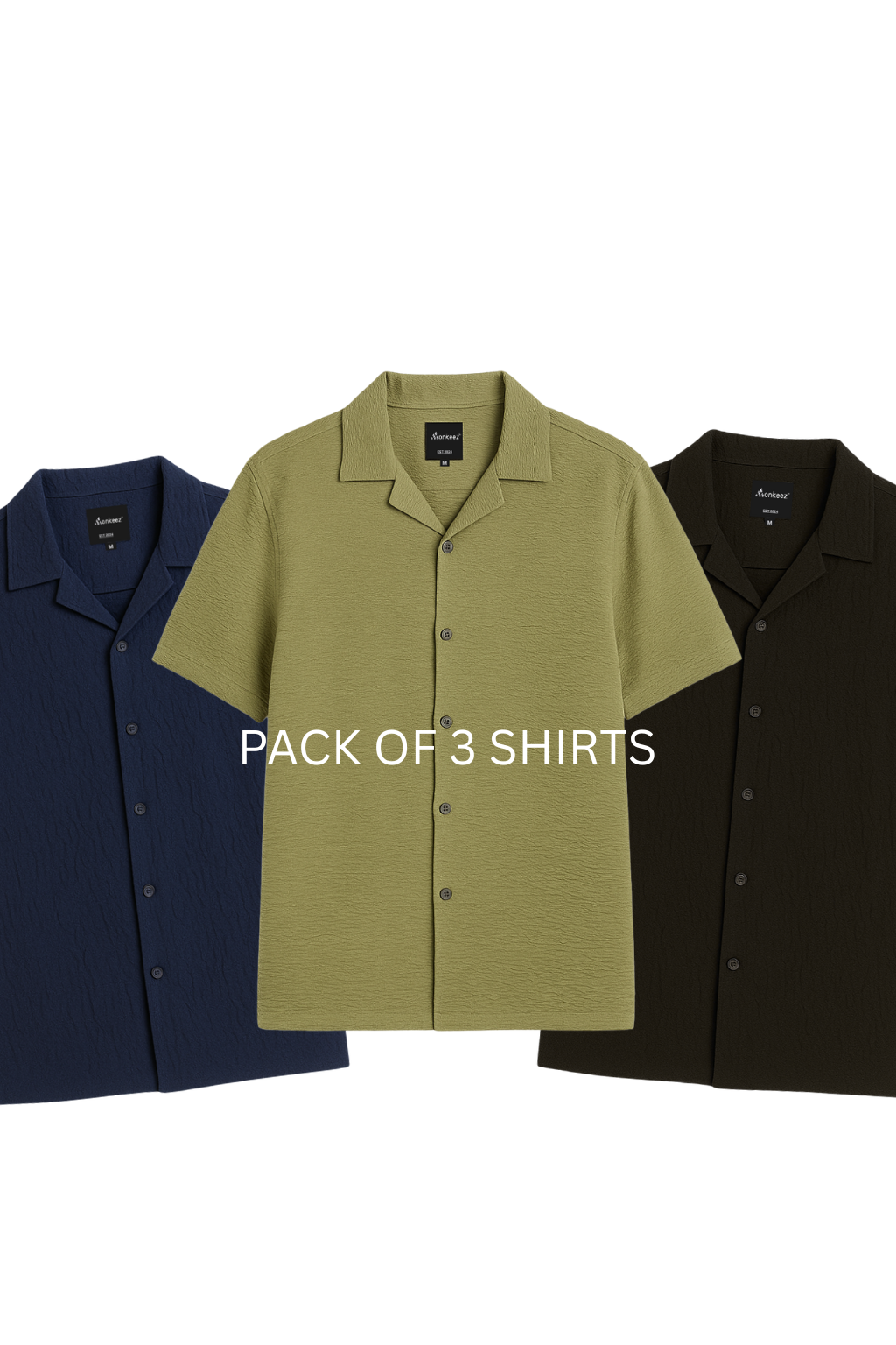 Pack Of 3 Crinkle Cuban Collar Shirt - Cactus Green , Navy Blue & Black