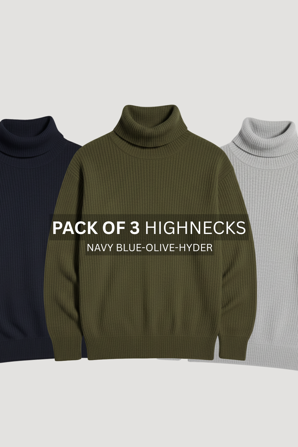 PACK OF 3 NAVY BLUE , OLIVE & HYDER RIBBED & BOTTOM HIGHNECK