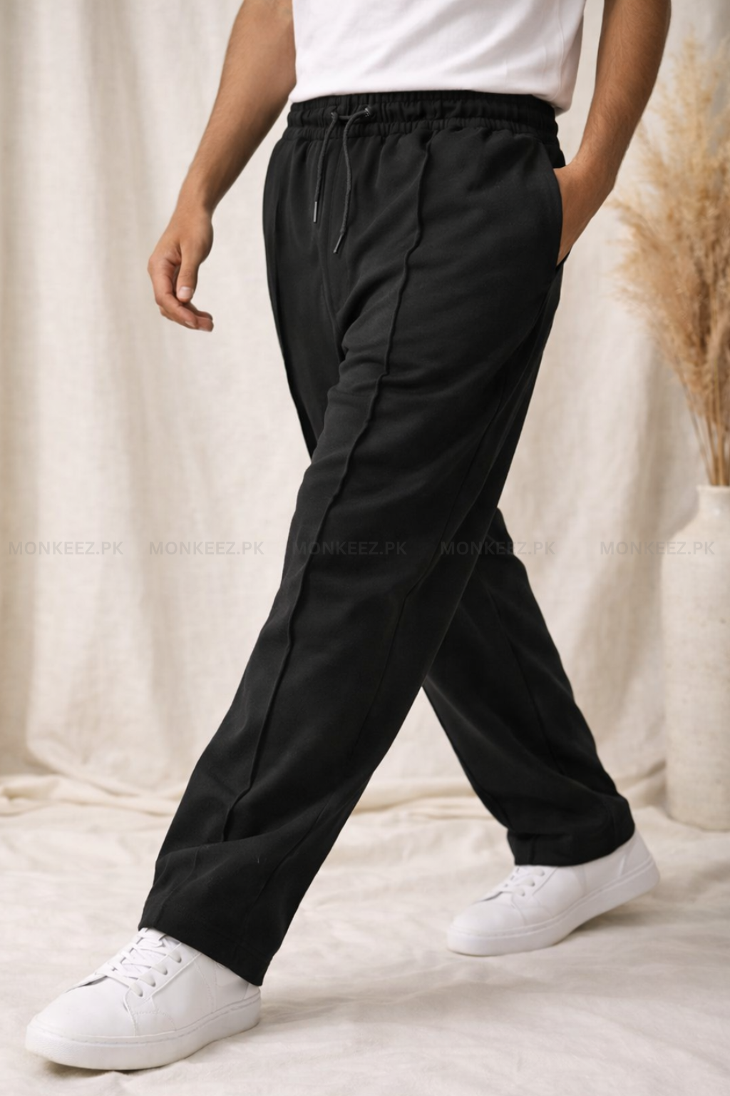 Combo Of 3 - Plain Stripe Line Wide Bottom Trouser  Beige/Black/Brown - UNISEX