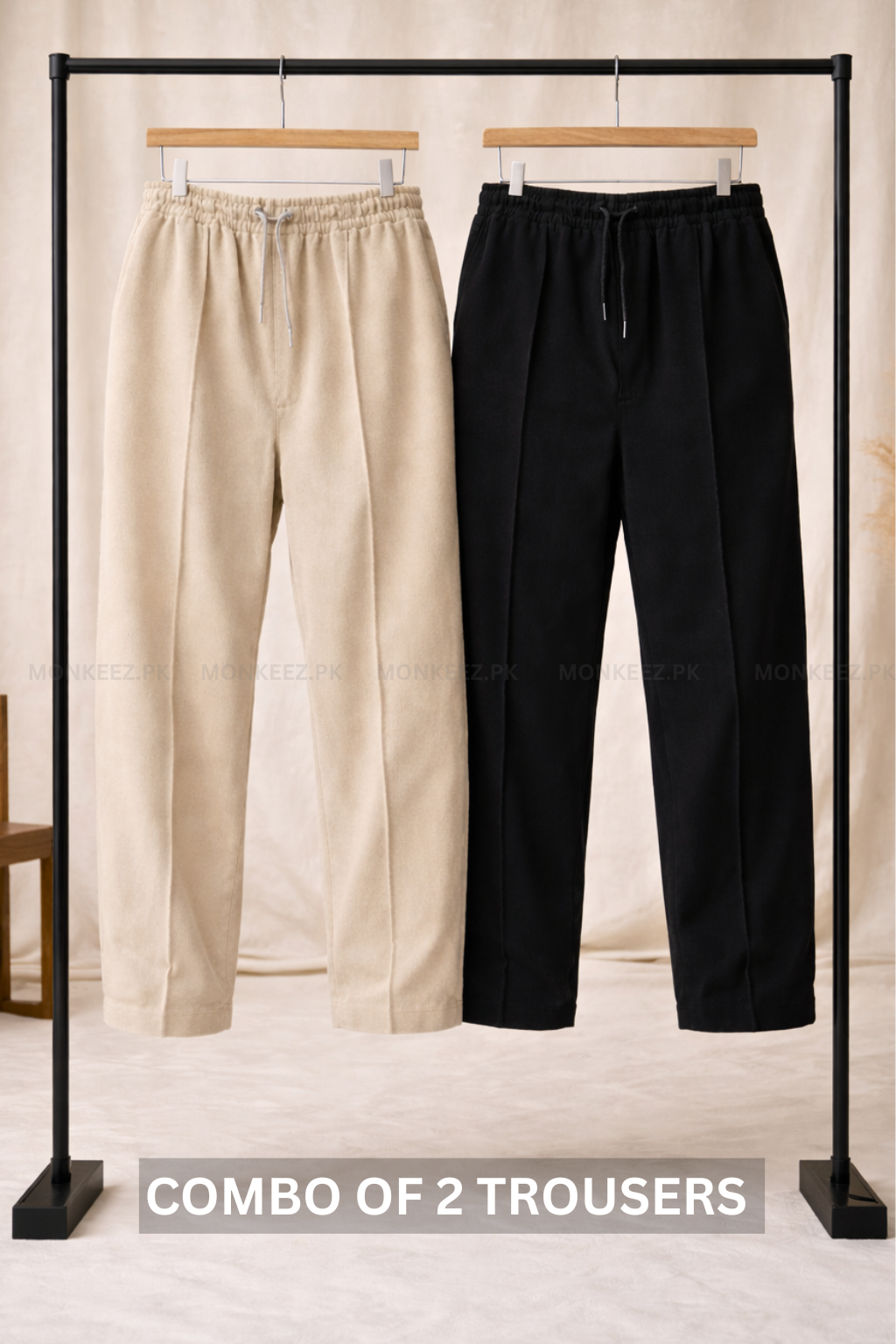 Combo Of 2 - Plain Stripe Line Wide Bottom Trouser  Beige/Black - UNISEX