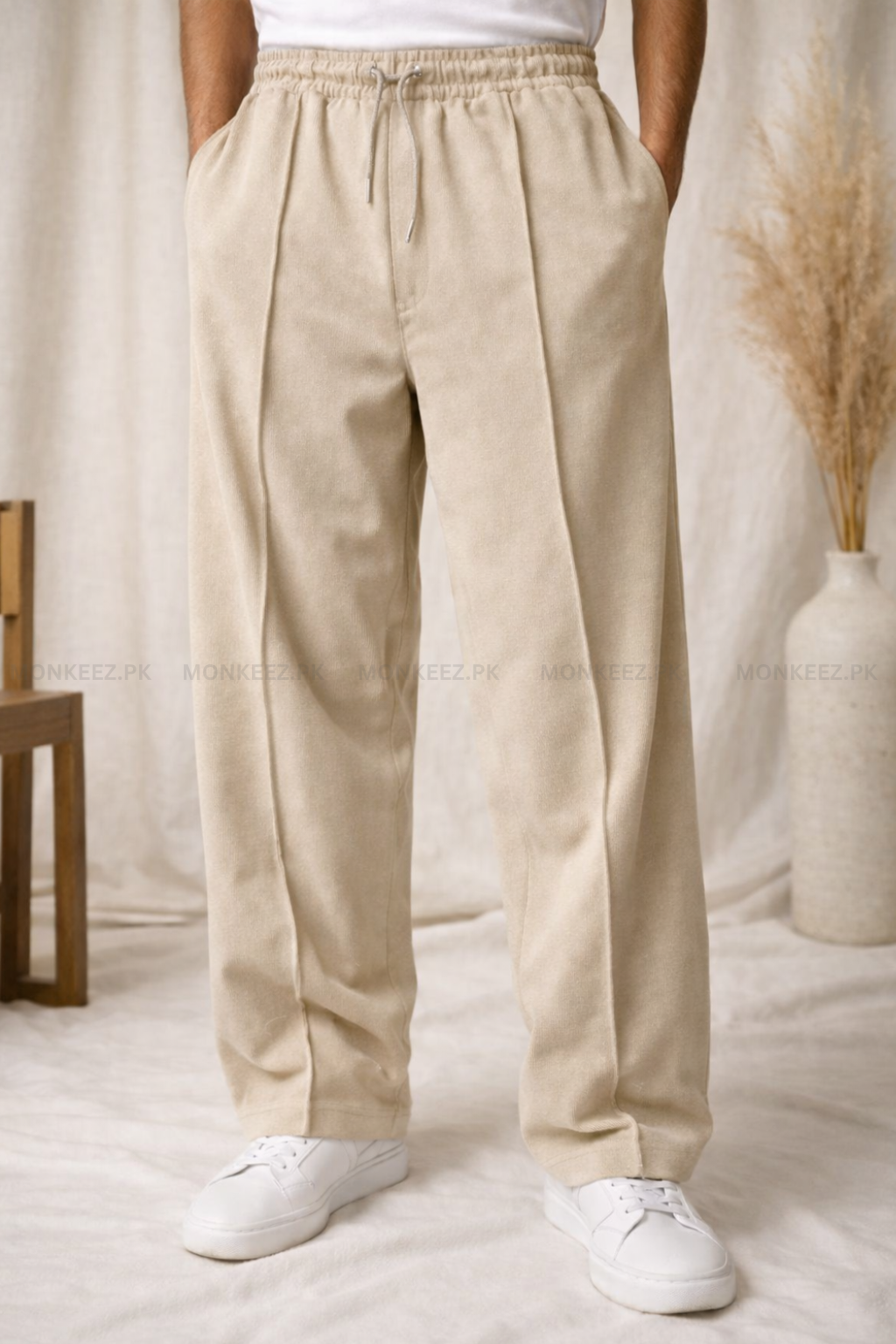 Combo Of 2 - Plain Stripe Line Wide Bottom Trouser  Beige/Black - UNISEX