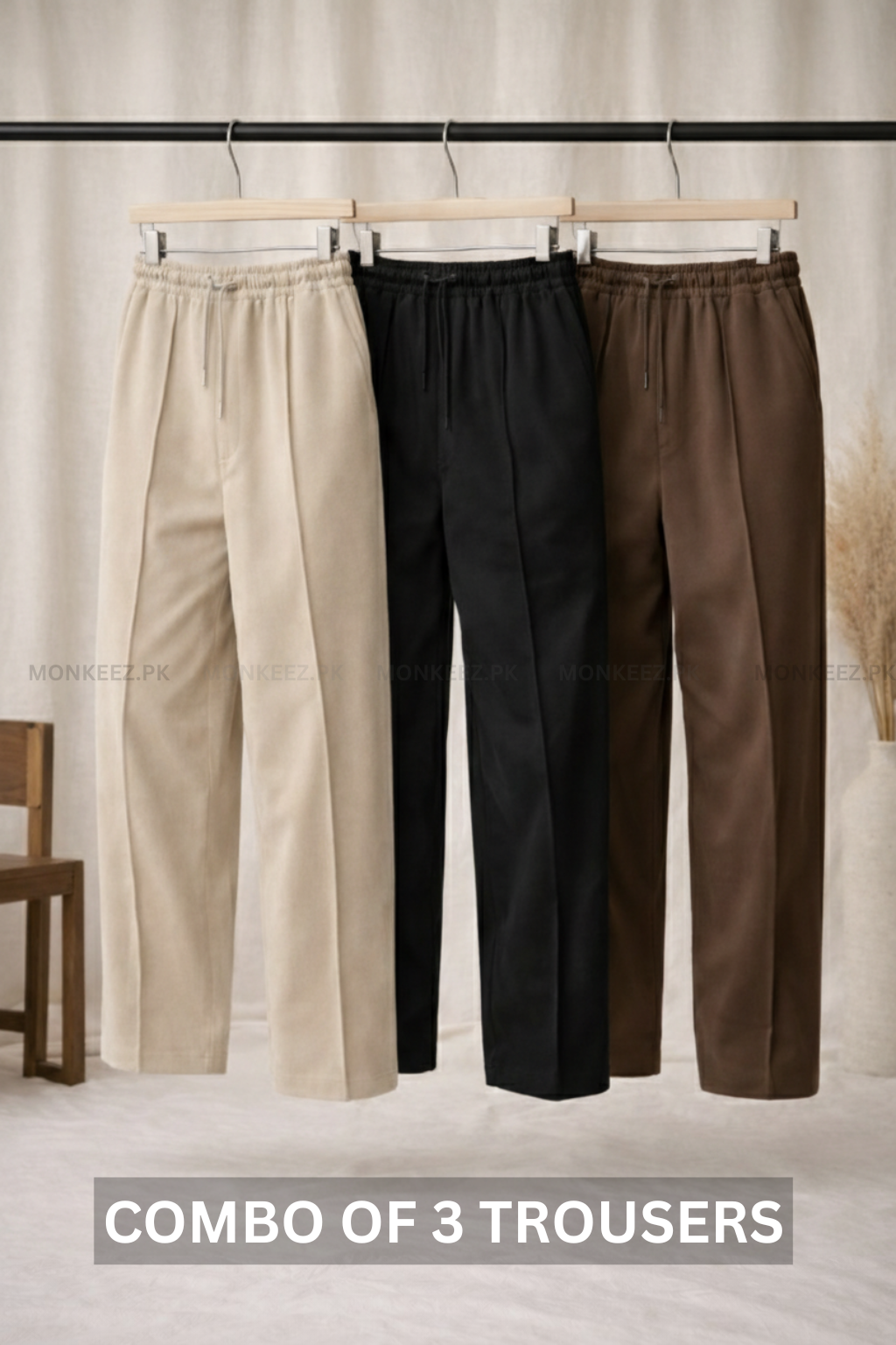 Combo Of 3 - Plain Stripe Line Wide Bottom Trouser  Beige/Black/Brown - UNISEX