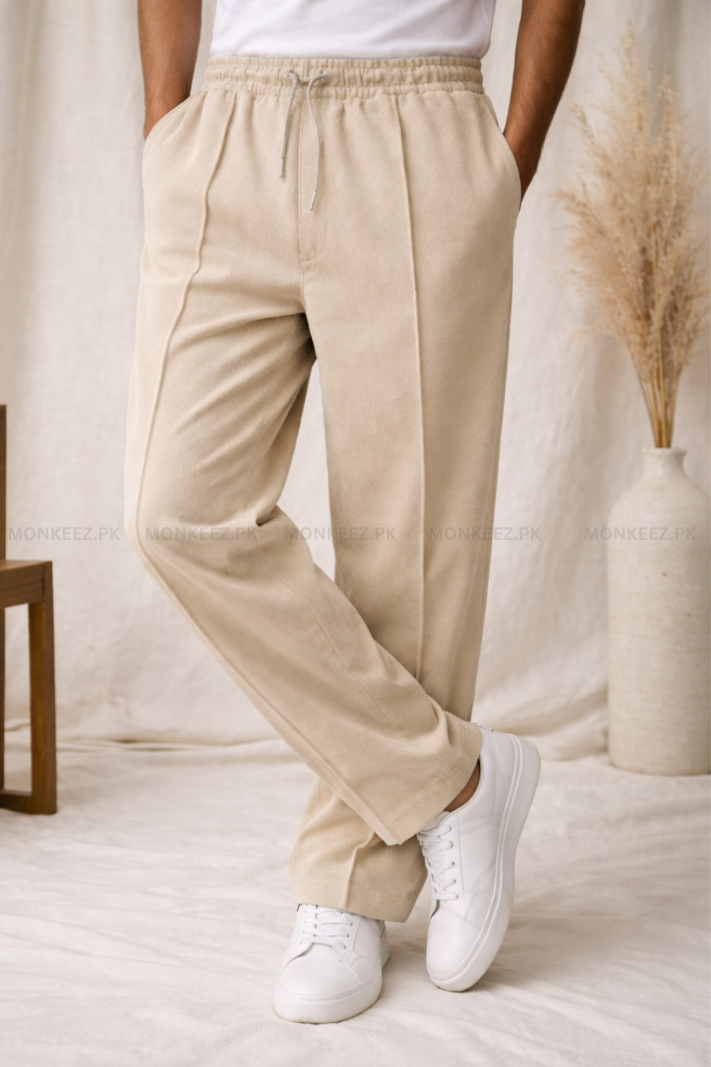 Combo Of 3 - Plain Stripe Line Wide Bottom Trouser  Beige/Black/Brown - UNISEX