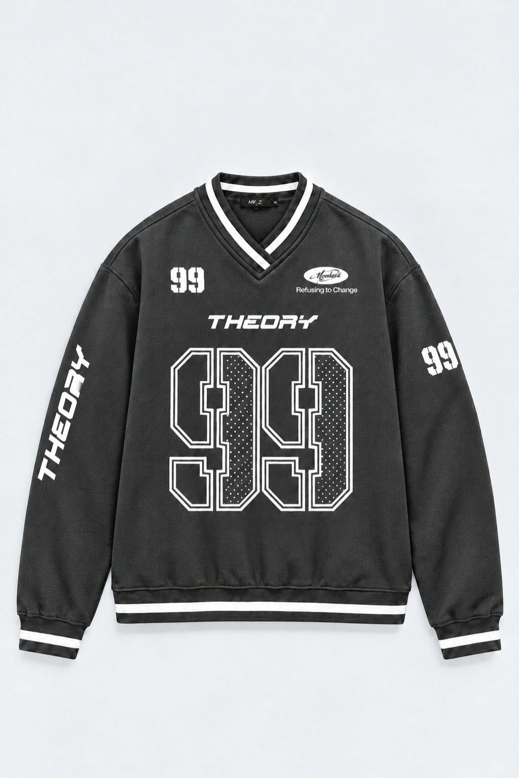 THEORY 99 GRAPHIC | V-NECK VARSITY SWEATSHIRT | CHARCOAL | UNISEX