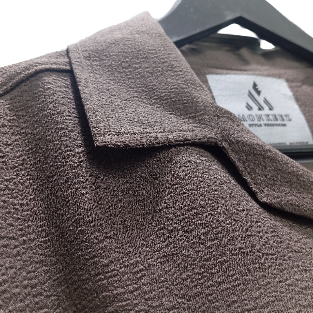 Mens Texture Structured Cuban Collar Shirt - Dark Brown