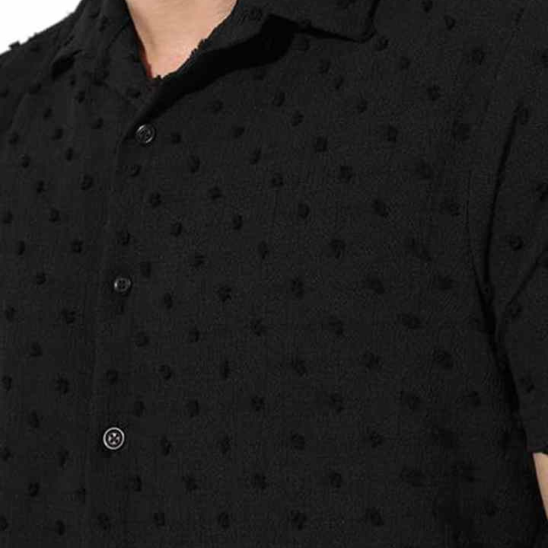 Mens Dot Structured Cuban Collar Shirt - Black